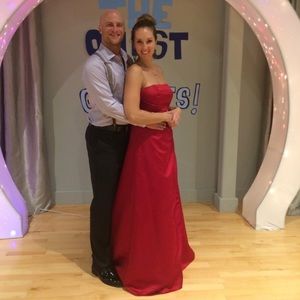 Red, David’s Bridal dress, size 8. Work twice.